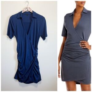 MONROW Jersey Shirred Waist Wrap Dress Blue Collared Women’s S Small